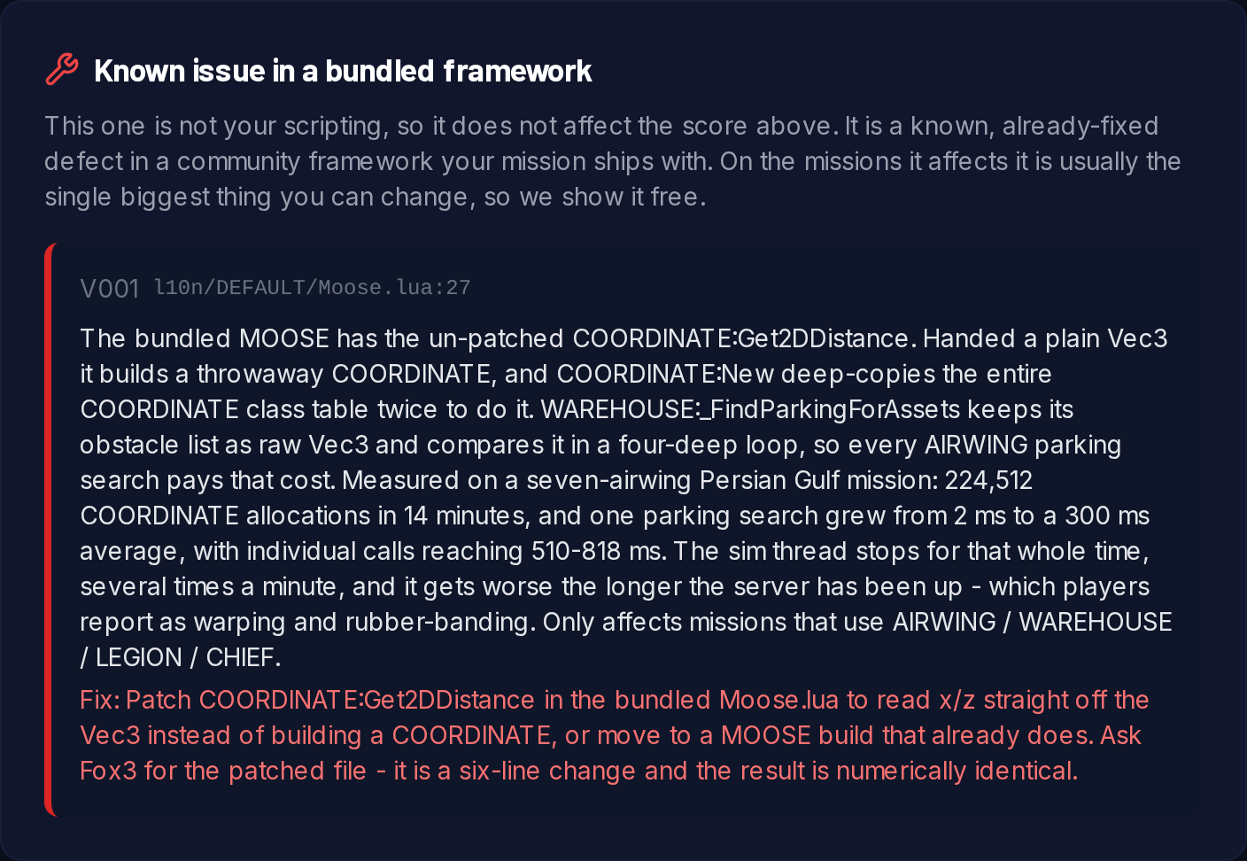 MissionRX reporting a known defect in a bundled framework, shown free and not counted against the score
