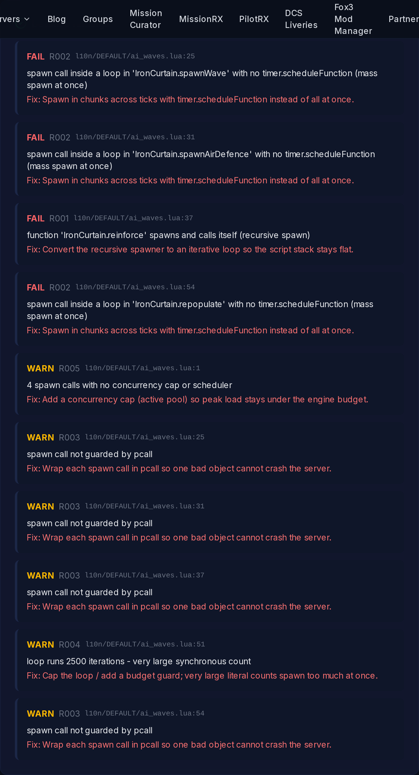 MissionRX detailed findings listing four blocking faults and six warnings with file, line and fix for each